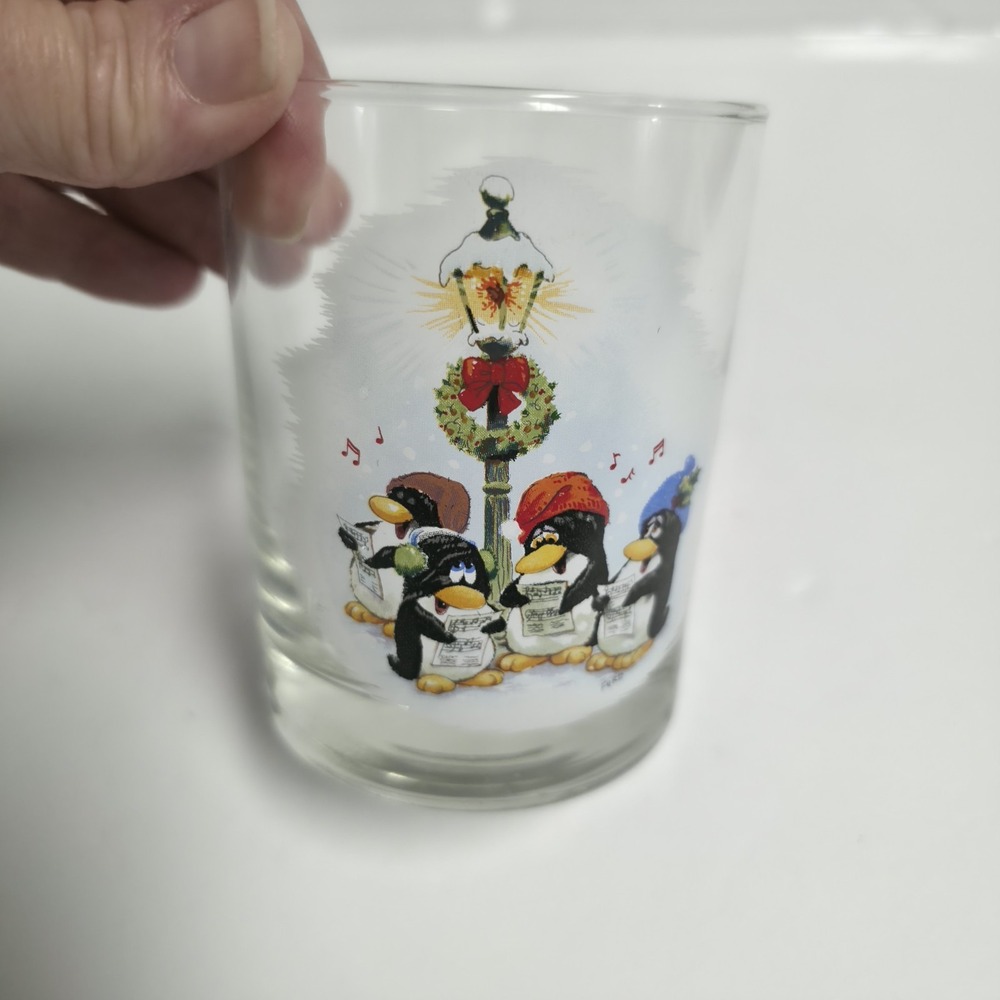 Retro Christmas Penguin Drinking Glass Cute Holiday Winter Core Barware VTG